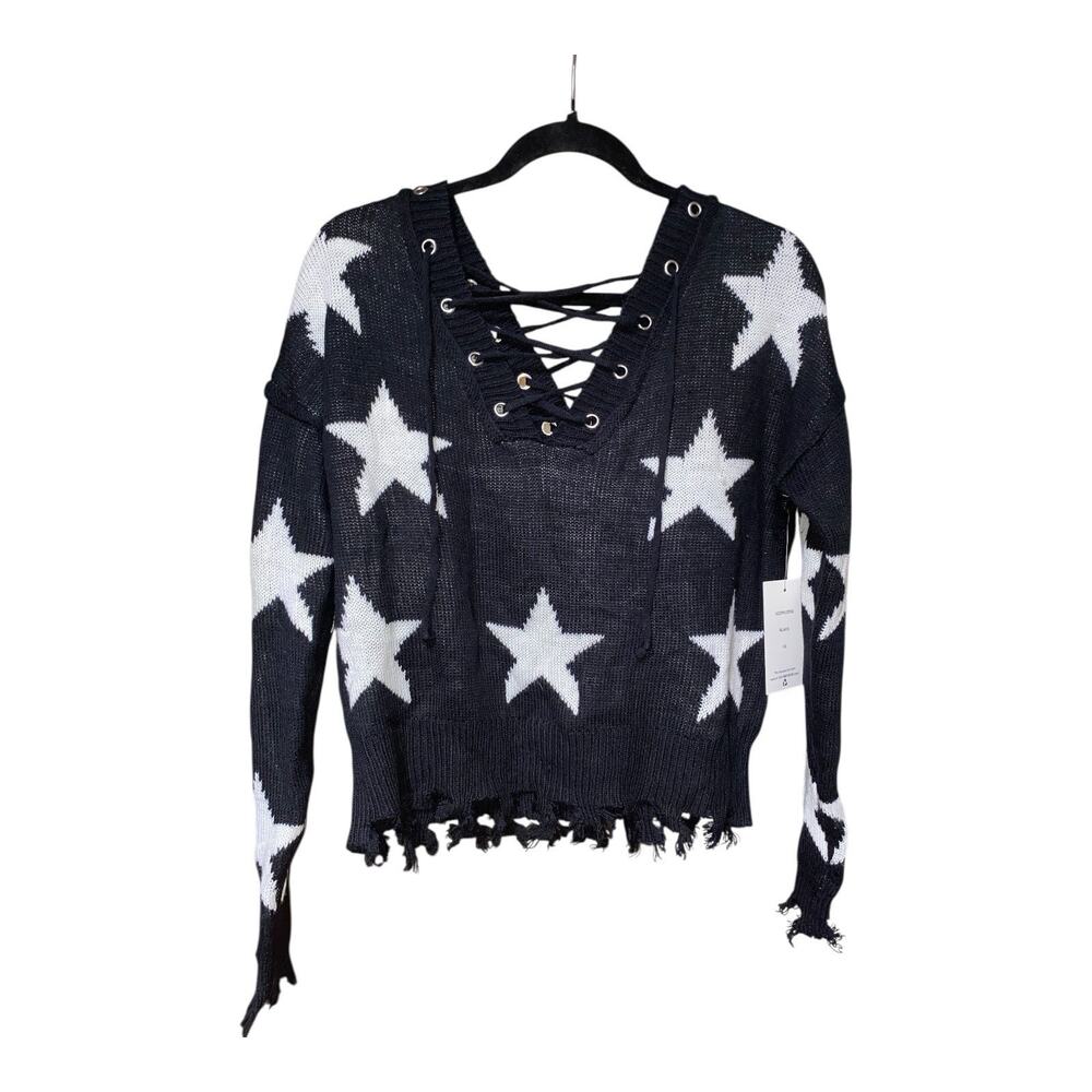 Willow Moon Sweater Raw Hems Soft Oversized Women’s Size XS NWT Black & White‎